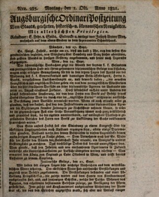 Augsburgische Ordinari Postzeitung von Staats-, gelehrten, historisch- u. ökonomischen Neuigkeiten (Augsburger Postzeitung) Montag 1. Oktober 1821
