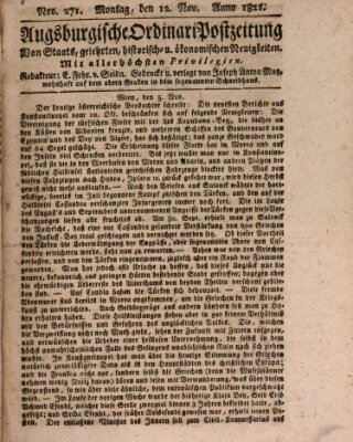 Augsburgische Ordinari Postzeitung von Staats-, gelehrten, historisch- u. ökonomischen Neuigkeiten (Augsburger Postzeitung) Montag 12. November 1821