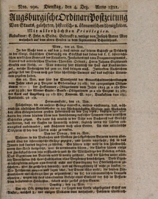 Augsburgische Ordinari Postzeitung von Staats-, gelehrten, historisch- u. ökonomischen Neuigkeiten (Augsburger Postzeitung) Dienstag 4. Dezember 1821