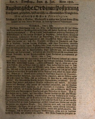 Augsburgische Ordinari Postzeitung von Staats-, gelehrten, historisch- u. ökonomischen Neuigkeiten (Augsburger Postzeitung) Dienstag 8. Januar 1822