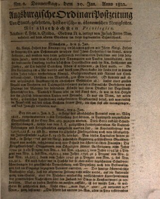Augsburgische Ordinari Postzeitung von Staats-, gelehrten, historisch- u. ökonomischen Neuigkeiten (Augsburger Postzeitung) Donnerstag 10. Januar 1822