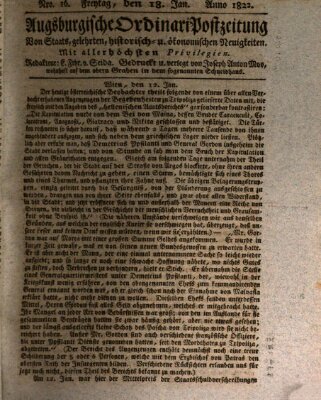 Augsburgische Ordinari Postzeitung von Staats-, gelehrten, historisch- u. ökonomischen Neuigkeiten (Augsburger Postzeitung) Freitag 18. Januar 1822