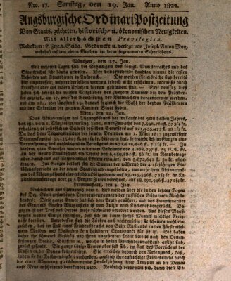 Augsburgische Ordinari Postzeitung von Staats-, gelehrten, historisch- u. ökonomischen Neuigkeiten (Augsburger Postzeitung) Samstag 19. Januar 1822