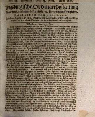 Augsburgische Ordinari Postzeitung von Staats-, gelehrten, historisch- u. ökonomischen Neuigkeiten (Augsburger Postzeitung) Samstag 2. Februar 1822