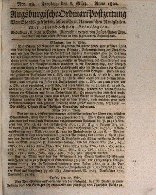 Augsburgische Ordinari Postzeitung von Staats-, gelehrten, historisch- u. ökonomischen Neuigkeiten (Augsburger Postzeitung) Freitag 8. März 1822