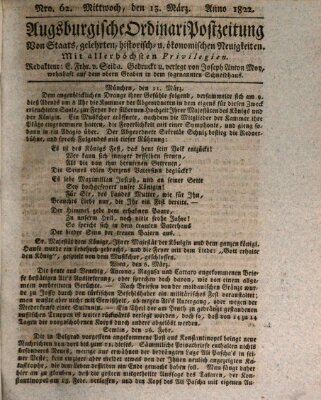 Augsburgische Ordinari Postzeitung von Staats-, gelehrten, historisch- u. ökonomischen Neuigkeiten (Augsburger Postzeitung) Mittwoch 13. März 1822