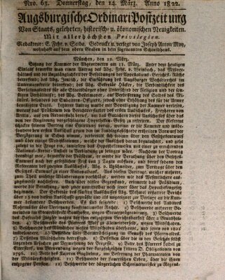 Augsburgische Ordinari Postzeitung von Staats-, gelehrten, historisch- u. ökonomischen Neuigkeiten (Augsburger Postzeitung) Donnerstag 14. März 1822