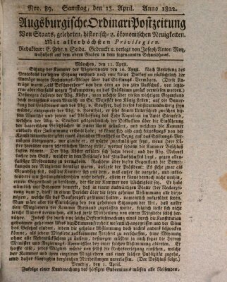 Augsburgische Ordinari Postzeitung von Staats-, gelehrten, historisch- u. ökonomischen Neuigkeiten (Augsburger Postzeitung) Samstag 13. April 1822