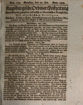 Augsburgische Ordinari Postzeitung von Staats-, gelehrten, historisch- u. ökonomischen Neuigkeiten (Augsburger Postzeitung) Samstag 20. Juli 1822