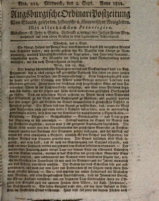 Augsburgische Ordinari Postzeitung von Staats-, gelehrten, historisch- u. ökonomischen Neuigkeiten (Augsburger Postzeitung) Mittwoch 4. September 1822