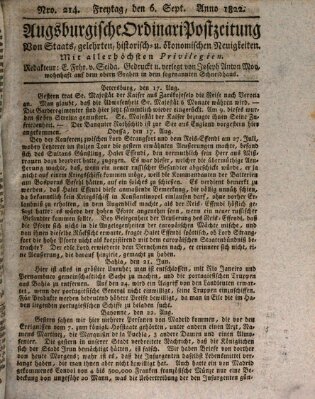 Augsburgische Ordinari Postzeitung von Staats-, gelehrten, historisch- u. ökonomischen Neuigkeiten (Augsburger Postzeitung) Freitag 6. September 1822