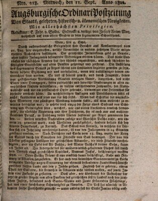 Augsburgische Ordinari Postzeitung von Staats-, gelehrten, historisch- u. ökonomischen Neuigkeiten (Augsburger Postzeitung) Mittwoch 11. September 1822
