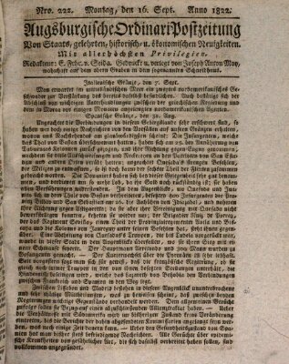 Augsburgische Ordinari Postzeitung von Staats-, gelehrten, historisch- u. ökonomischen Neuigkeiten (Augsburger Postzeitung) Montag 16. September 1822