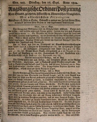 Augsburgische Ordinari Postzeitung von Staats-, gelehrten, historisch- u. ökonomischen Neuigkeiten (Augsburger Postzeitung) Dienstag 17. September 1822