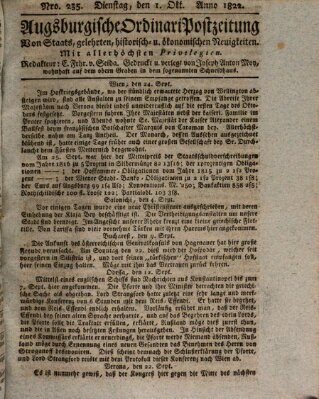 Augsburgische Ordinari Postzeitung von Staats-, gelehrten, historisch- u. ökonomischen Neuigkeiten (Augsburger Postzeitung) Dienstag 1. Oktober 1822