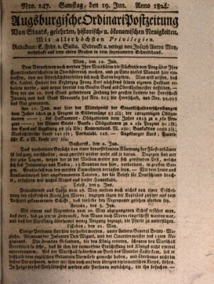 Augsburgische Ordinari Postzeitung von Staats-, gelehrten, historisch- u. ökonomischen Neuigkeiten (Augsburger Postzeitung) Samstag 19. Juni 1824