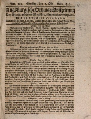 Augsburgische Ordinari Postzeitung von Staats-, gelehrten, historisch- u. ökonomischen Neuigkeiten (Augsburger Postzeitung) Samstag 9. Oktober 1824