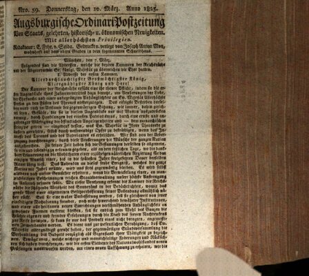 Augsburgische Ordinari Postzeitung von Staats-, gelehrten, historisch- u. ökonomischen Neuigkeiten (Augsburger Postzeitung) Donnerstag 10. März 1825