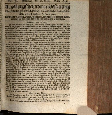 Augsburgische Ordinari Postzeitung von Staats-, gelehrten, historisch- u. ökonomischen Neuigkeiten (Augsburger Postzeitung) Mittwoch 23. März 1825