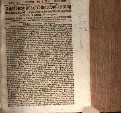 Augsburgische Ordinari Postzeitung von Staats-, gelehrten, historisch- u. ökonomischen Neuigkeiten (Augsburger Postzeitung) Samstag 4. Juni 1825