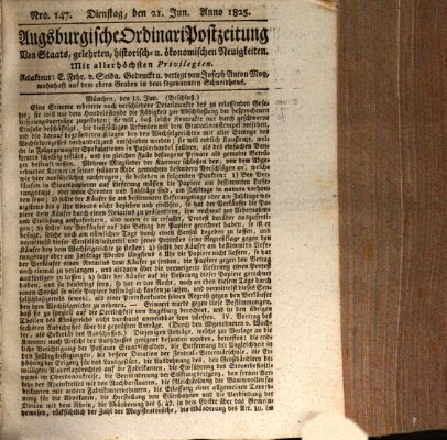 Augsburgische Ordinari Postzeitung von Staats-, gelehrten, historisch- u. ökonomischen Neuigkeiten (Augsburger Postzeitung) Dienstag 21. Juni 1825