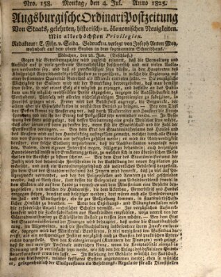 Augsburgische Ordinari Postzeitung von Staats-, gelehrten, historisch- u. ökonomischen Neuigkeiten (Augsburger Postzeitung) Montag 4. Juli 1825