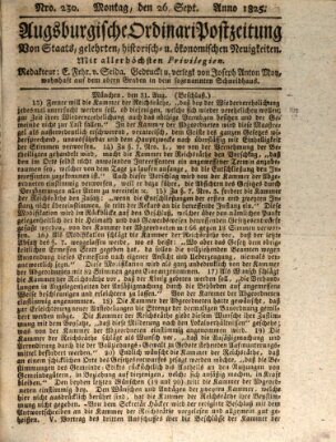 Augsburgische Ordinari Postzeitung von Staats-, gelehrten, historisch- u. ökonomischen Neuigkeiten (Augsburger Postzeitung) Montag 26. September 1825