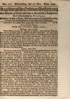 Augsburgische Ordinari Postzeitung von Staats-, gelehrten, historisch- u. ökonomischen Neuigkeiten (Augsburger Postzeitung) Donnerstag 17. November 1825