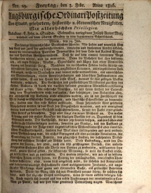Augsburgische Ordinari Postzeitung von Staats-, gelehrten, historisch- u. ökonomischen Neuigkeiten (Augsburger Postzeitung) Freitag 3. Februar 1826
