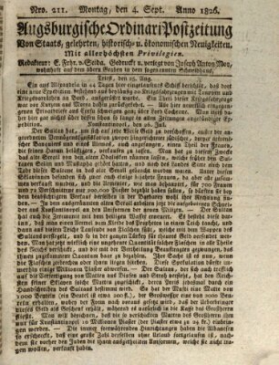 Augsburgische Ordinari Postzeitung von Staats-, gelehrten, historisch- u. ökonomischen Neuigkeiten (Augsburger Postzeitung) Montag 4. September 1826