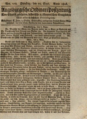 Augsburgische Ordinari Postzeitung von Staats-, gelehrten, historisch- u. ökonomischen Neuigkeiten (Augsburger Postzeitung) Dienstag 12. September 1826