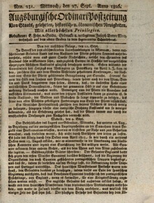 Augsburgische Ordinari Postzeitung von Staats-, gelehrten, historisch- u. ökonomischen Neuigkeiten (Augsburger Postzeitung) Mittwoch 27. September 1826
