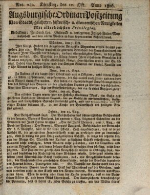 Augsburgische Ordinari Postzeitung von Staats-, gelehrten, historisch- u. ökonomischen Neuigkeiten (Augsburger Postzeitung) Dienstag 10. Oktober 1826