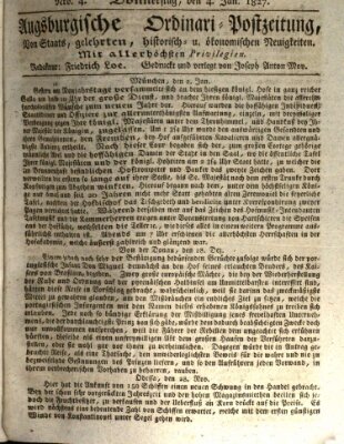 Augsburgische Ordinari Postzeitung von Staats-, gelehrten, historisch- u. ökonomischen Neuigkeiten (Augsburger Postzeitung) Donnerstag 4. Januar 1827
