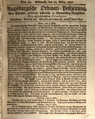 Augsburgische Ordinari Postzeitung von Staats-, gelehrten, historisch- u. ökonomischen Neuigkeiten (Augsburger Postzeitung) Mittwoch 14. März 1827