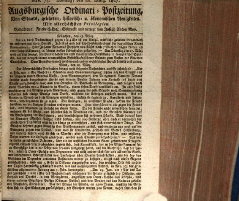 Augsburgische Ordinari Postzeitung von Staats-, gelehrten, historisch- u. ökonomischen Neuigkeiten (Augsburger Postzeitung) Dienstag 20. März 1827