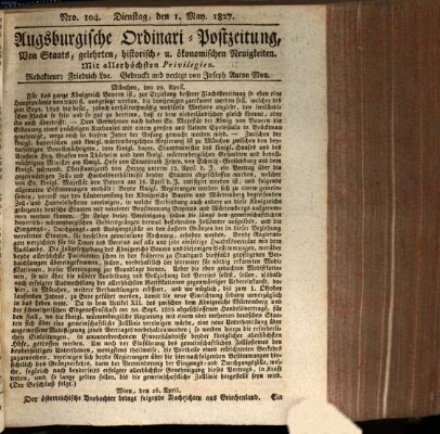 Augsburgische Ordinari Postzeitung von Staats-, gelehrten, historisch- u. ökonomischen Neuigkeiten (Augsburger Postzeitung) Dienstag 1. Mai 1827