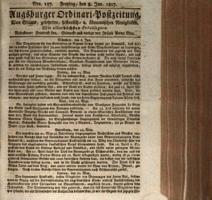 Augsburger Ordinari Postzeitung von Staats-, gelehrten, historisch- u. ökonomischen Neuigkeiten (Augsburger Postzeitung) Freitag 8. Juni 1827