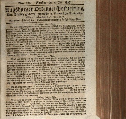 Augsburger Ordinari Postzeitung von Staats-, gelehrten, historisch- u. ökonomischen Neuigkeiten (Augsburger Postzeitung) Samstag 9. Juni 1827