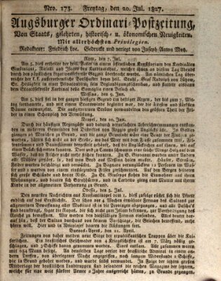 Augsburger Ordinari Postzeitung von Staats-, gelehrten, historisch- u. ökonomischen Neuigkeiten (Augsburger Postzeitung) Freitag 20. Juli 1827