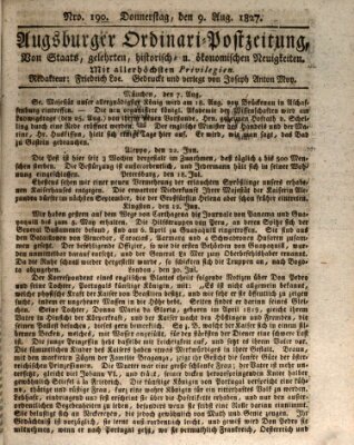 Augsburger Ordinari Postzeitung von Staats-, gelehrten, historisch- u. ökonomischen Neuigkeiten (Augsburger Postzeitung) Donnerstag 9. August 1827