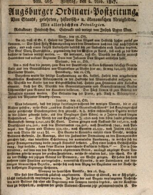 Augsburger Ordinari Postzeitung von Staats-, gelehrten, historisch- u. ökonomischen Neuigkeiten (Augsburger Postzeitung) Freitag 2. November 1827