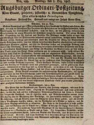 Augsburger Ordinari Postzeitung von Staats-, gelehrten, historisch- u. ökonomischen Neuigkeiten (Augsburger Postzeitung) Montag 3. Dezember 1827