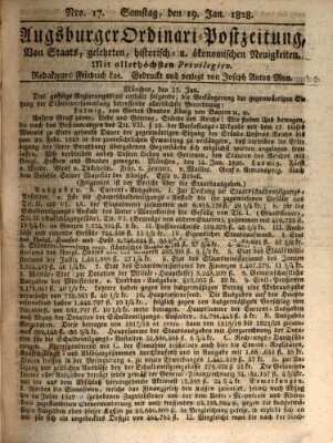 Augsburger Ordinari Postzeitung von Staats-, gelehrten, historisch- u. ökonomischen Neuigkeiten (Augsburger Postzeitung) Samstag 19. Januar 1828