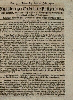Augsburger Ordinari Postzeitung von Staats-, gelehrten, historisch- u. ökonomischen Neuigkeiten (Augsburger Postzeitung) Donnerstag 12. Februar 1829