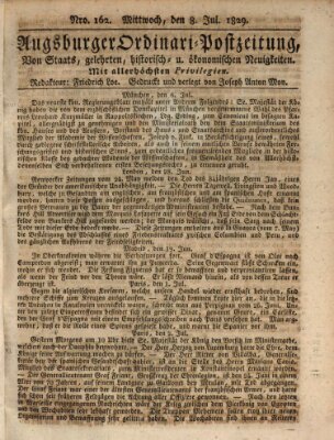 Augsburger Ordinari Postzeitung von Staats-, gelehrten, historisch- u. ökonomischen Neuigkeiten (Augsburger Postzeitung) Mittwoch 8. Juli 1829