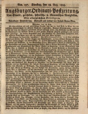 Augsburger Ordinari Postzeitung von Staats-, gelehrten, historisch- u. ökonomischen Neuigkeiten (Augsburger Postzeitung) Dienstag 18. August 1829