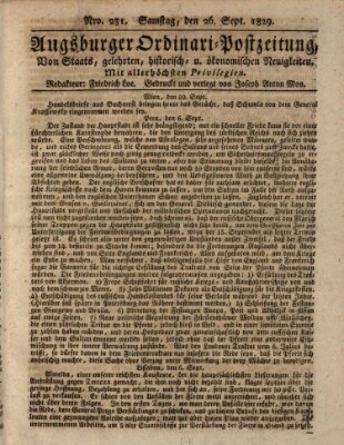 Augsburger Ordinari Postzeitung von Staats-, gelehrten, historisch- u. ökonomischen Neuigkeiten (Augsburger Postzeitung) Samstag 26. September 1829