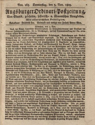 Augsburger Ordinari Postzeitung von Staats-, gelehrten, historisch- u. ökonomischen Neuigkeiten (Augsburger Postzeitung) Donnerstag 5. November 1829