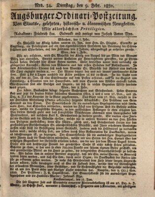 Augsburger Ordinari Postzeitung von Staats-, gelehrten, historisch- u. ökonomischen Neuigkeiten (Augsburger Postzeitung) Dienstag 9. Februar 1830